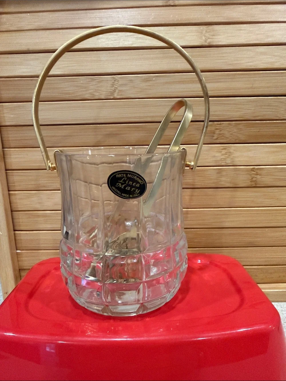 Clear Glass Miniature Ice Bucket with Gold Handle and gold tongs